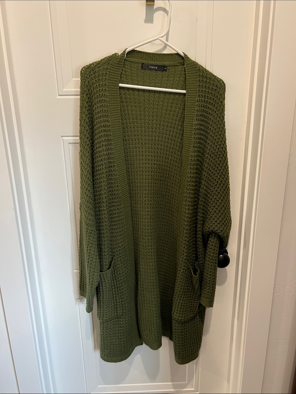 Waffle-Knit Open Front Cardigan in Olive